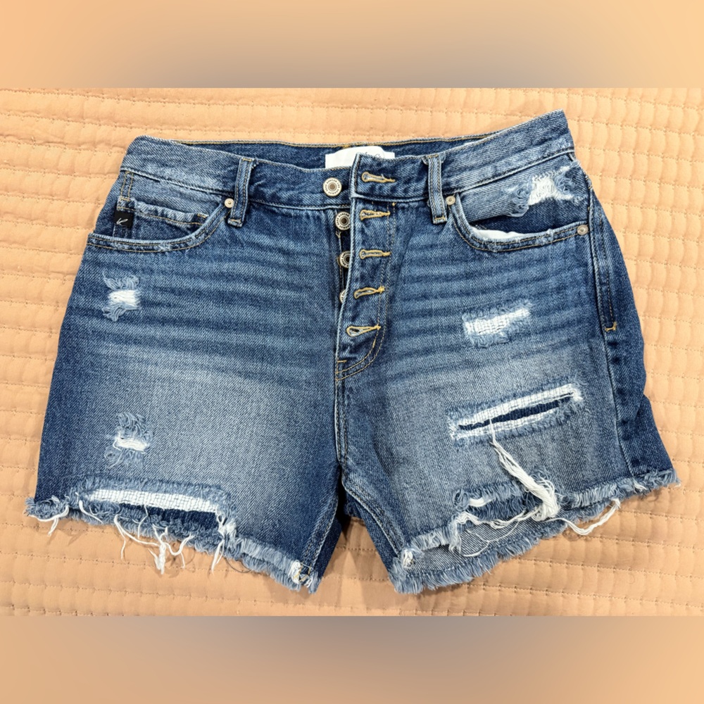 KanCan Women's Medium Wash Distressed Button-Fly Denim Shorts